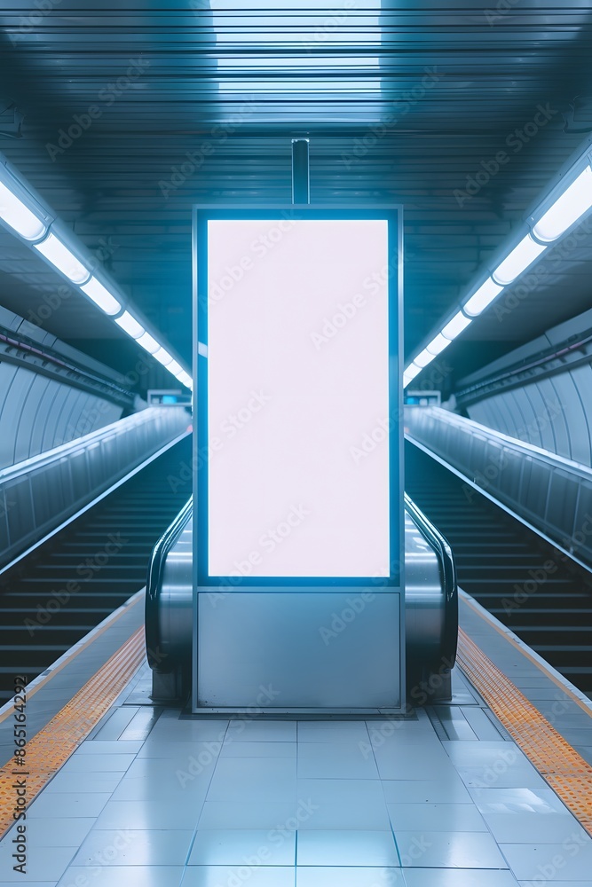 Poster modern empty billboard in an underground subway station with escalators. ideal for advertisement moc