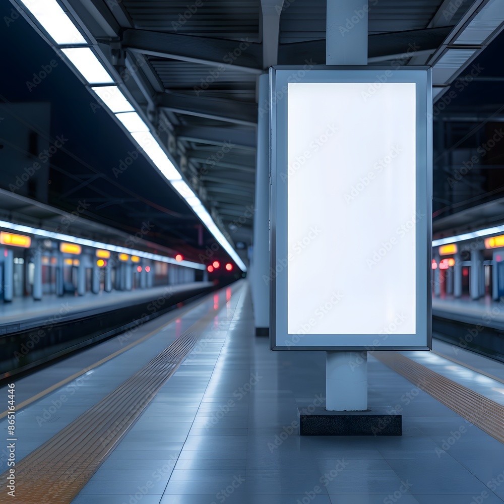 Poster modern subway station at night with bright blank billboard and empty platforms. urban transit concep
