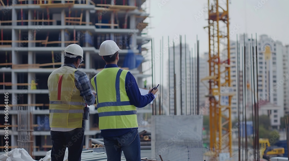 Poster Construction engineers discussion with architects at construction site engineering and architecture concept Smart civil architect engineer inspecting and working outdoors structure bui : Generative AI