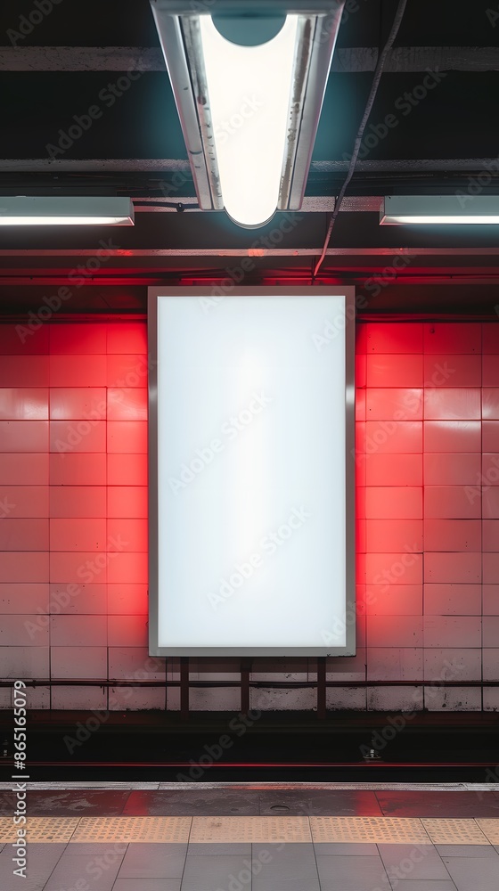 Poster vertical billboard in subway station with empty white frame, illuminated by lights against red tile 