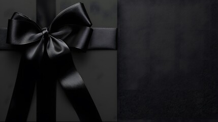 Top view photo of black gift box with black ribbon bow on isolated black background with empty space
