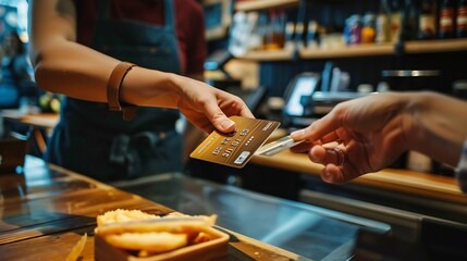 Debit card point of sale and hands of restaurant people cashier clerk or barista with credit payment of hospitality service Cafe customer commerce or store person server or waiter with : Generative AI