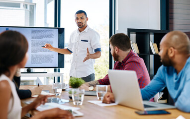 Businessman, workshop and leadership for training, seminar and company meeting in workplace. Presentation, planning and people in office for teamwork, brainstorming and strategy for development