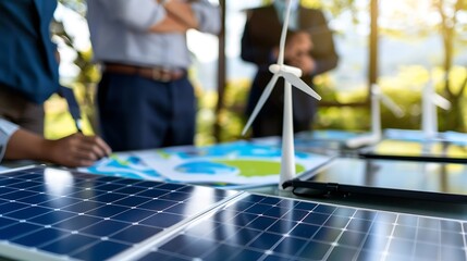 Green energy business company meeting with business people planning and discuss marketing of sustainable and renewable clean energy product with solar cell and wind turbine generator T : Generative AI