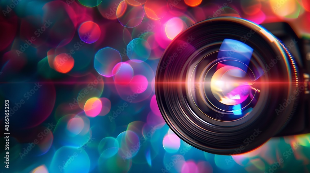 Poster Close up Beautiful camera lens with multi colored light Background pattern for design : Generative AI