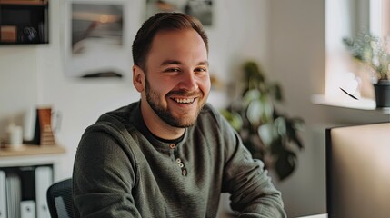 Fototapeta premium Man smiling during a virtual team meeting on a desktop computer at home