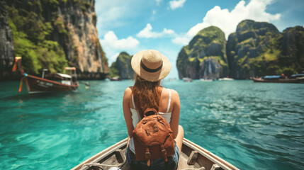 A woman in a hat sits in a boat, gazing at a stunning view of turquoise water and limestone cliffs.