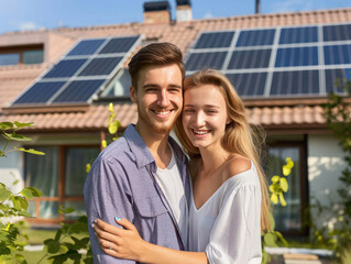 Naklejka premium young beautiful couple in front of a new house