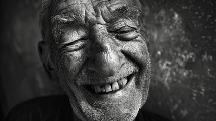 Fototapeta premium The image captures the pure joy and happiness etched on the mans face in his wrinkled laugh lines. Black and white art