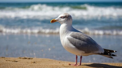 Fototapeta premium Seagull standing on beach by sea