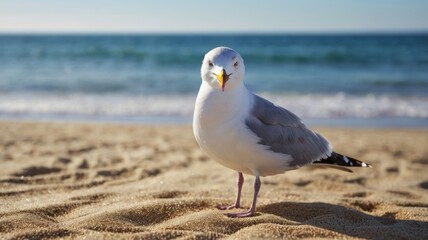 Obraz premium A seagull on a sandy beach by the ocean.