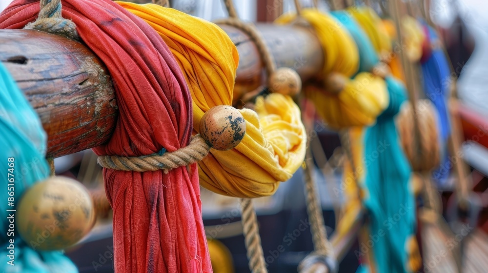 Poster swaths of colorful fabric tied around the boats mast and railings adding a lively touch to the scene