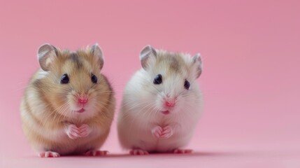Two dwarf hamsters on pink background with space for text