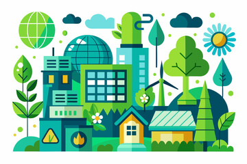 Naklejka premium Illustration of a green city with buildings, trees, windmills, and a globe. In the image is a green city with buildings, trees, windmills, and a globe, showcasing urban design and a blend of nature 
