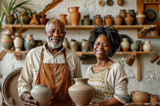 Pottery workshop with senior black man and woman. Craft ceramic art business. Clay hobby. Mature african person, old artist couple. Female making crockery. Potter studio wheel. Grandparents lifestyle
