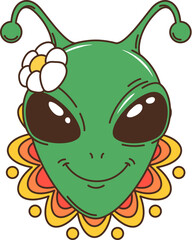 Cartoon groovy space character of funny alien with daisy flowers, vector funky art. 70s retro groovy green alien humanoid with happy smile on face for extraterrestrial galaxy or trippy character emoji