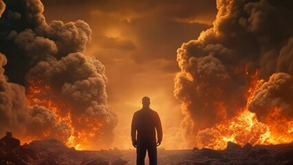 Man Facing Apocalyptic Landscape - Powered by Adobe