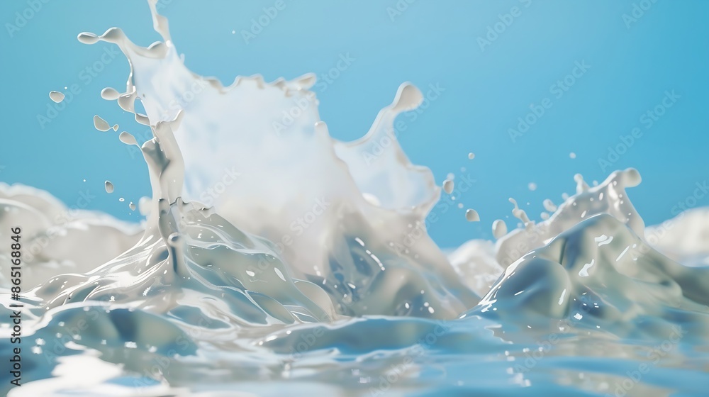 Poster Realistic milk splash splashing in milk pool with isolated on blue background : Generative AI
