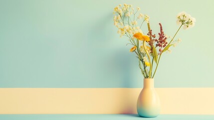 Beautiful flowers in a vase against a blue and cream background Spring aesthetic concept : Generative AI