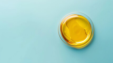 Yellow serum oil sample swatch round shape texture isolated on pastel blue background cosmetic Hyaluronic acid retinol collagen science lab product : Generative AI