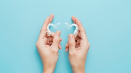 Hearing aids in hands making heart shape over blue background Closeup of listening device for people with hearing disorder disfunction Technology that gives better sense of sound speac : Generative AI
