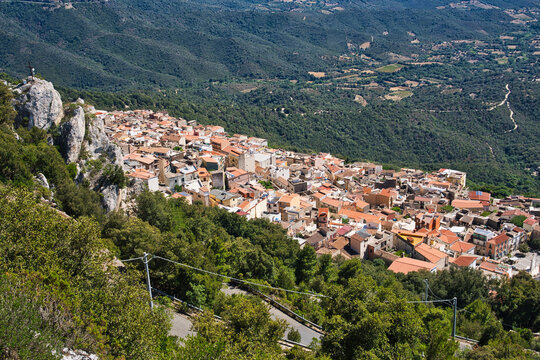 the rooftops of the village of Baunei in Sardinia, Italy, seen from above 