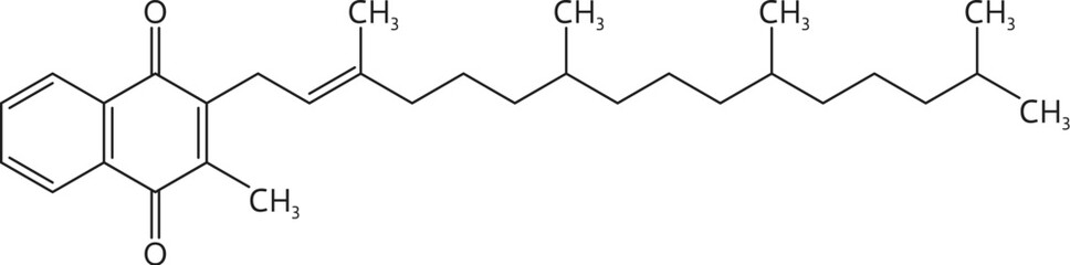 Vitamin k1 or phylloquinone formula, comprising a 2-methyl-1,4-naphthoquinone ring system. Its chemical formula is c31h46o2. Isolated vector structure essential for blood clotting and bone metabolism © Vector Tradition