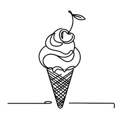 Sweet Delight: One Line Ice Cream with Cherry. Continuous one line drawing of ice cream with cherry. Ice cream gelato outline vector illustration.