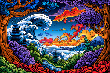 Obraz premium A colorful painting of a mountain range with a wave crashing in the background. The mood of the painting is serene and peaceful