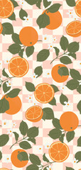 Groovy orange fruits seamless pattern. Cute oranges and leaves on pink checkered background. Vector illustration.
