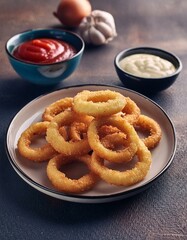 Homemade crunchy deep fried onion rings in plate with sauce