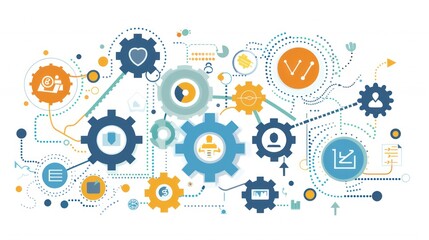 Abstract Illustration of a Complex System with Interconnected Gears and Symbols