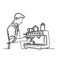 Continuous One Line Drawing of Barista Pouring Milk into Coffee: Editable Stroke Vector Continuous one line drawing of barista pouring milk to coffee. Barista and coffee machine in single outline.