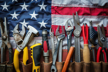 Happy Labor day. Wrench engineer constructor tools on american flag.