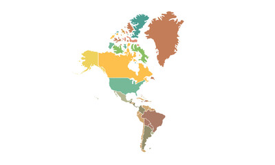 Map of north and south America isolated modern colorful style. for website layouts, background, education, precise, customizable, Travel worldwide, map silhouette backdrop, earth geography, political.