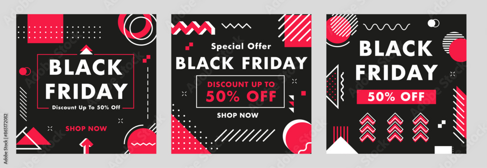 Poster black friday, abstract geometric memphis banners of sale offer and discount promo. vector background
