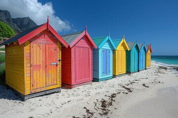 Naklejka premium A row of colorful beach huts along a sandy shore, each painted in bright, cheerful colors.