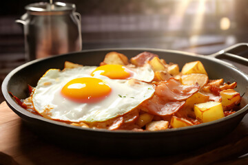 Bratkartoffeln und Spiegelei mit Schinken in der Pfanne