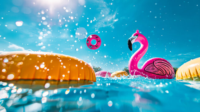 Inflatable pink flamingo toy floated in the water