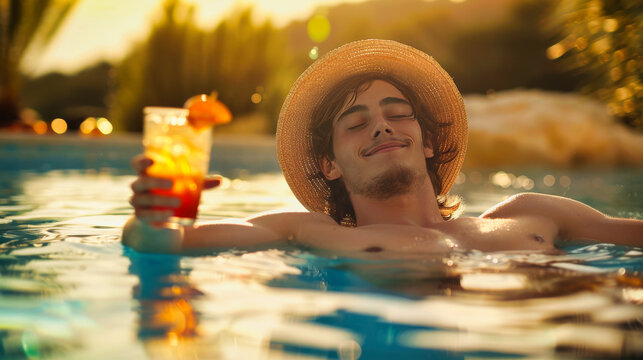 A young man wearing a straw hat relaxing in the pool holding a cocktail