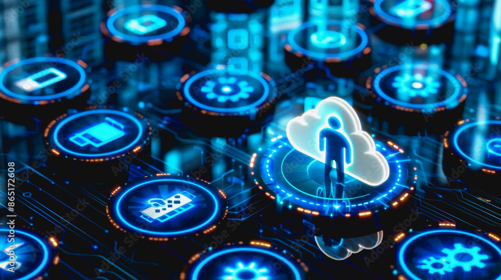 Poster a person interacting with a digital cloud interface, symbol icon computing and technology.