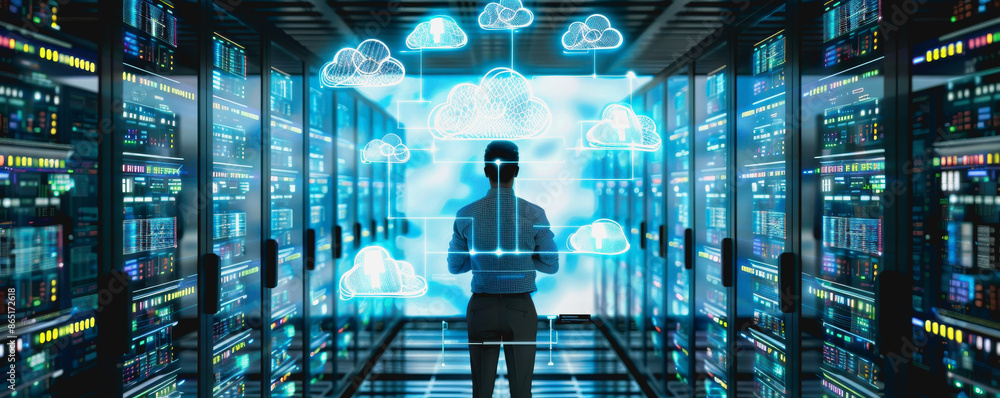 Poster a person interacting with a digital cloud interface, symbol icon computing and technology.