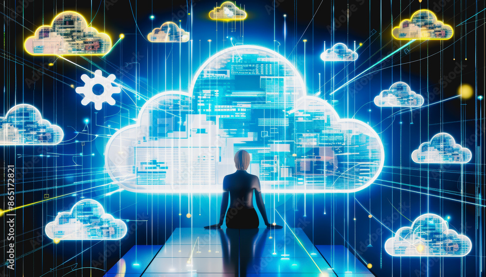 Aufkleber a person interacting with a digital cloud interface, symbol icon computing and technology.
