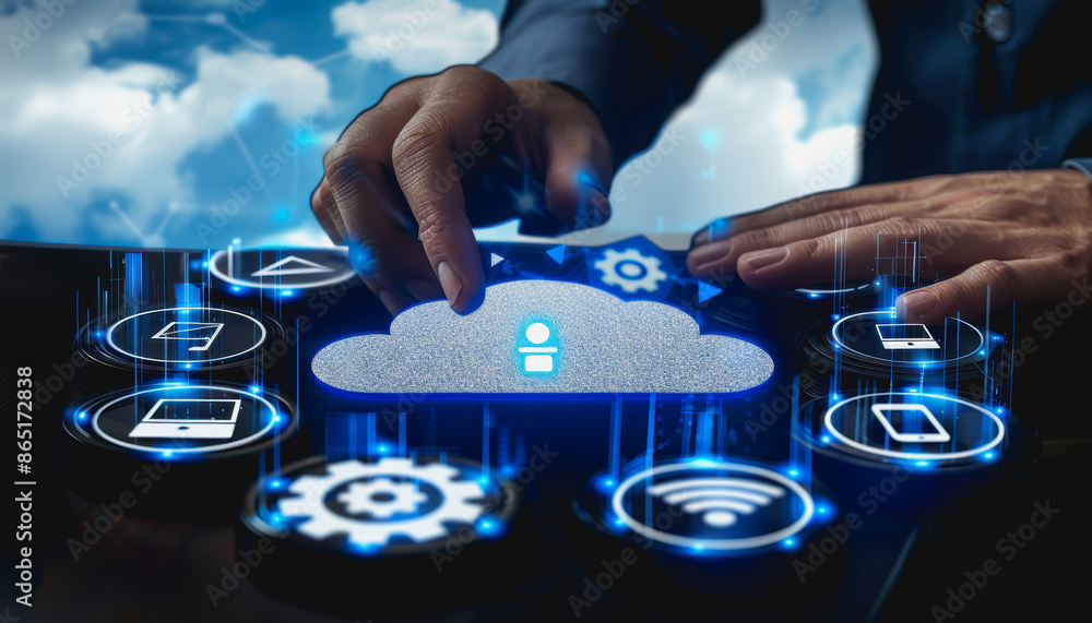 Poster a person interacting with a digital cloud interface, symbol icon computing and technology.