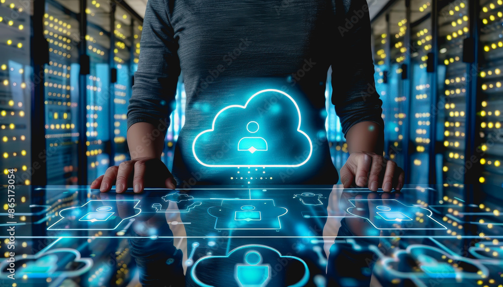 Poster a person interacting with a digital cloud interface, symbol icon computing and technology.