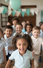 Obraz premium Happy group of diverse children having fun and smiling in a classroom celebration with balloons and decorations.