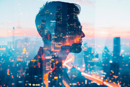 Double Exposure Image of Business man on modern city background. Future business and communication technology concept. Surreal futuristic cityscape and abstract multiple exposure interface. uds