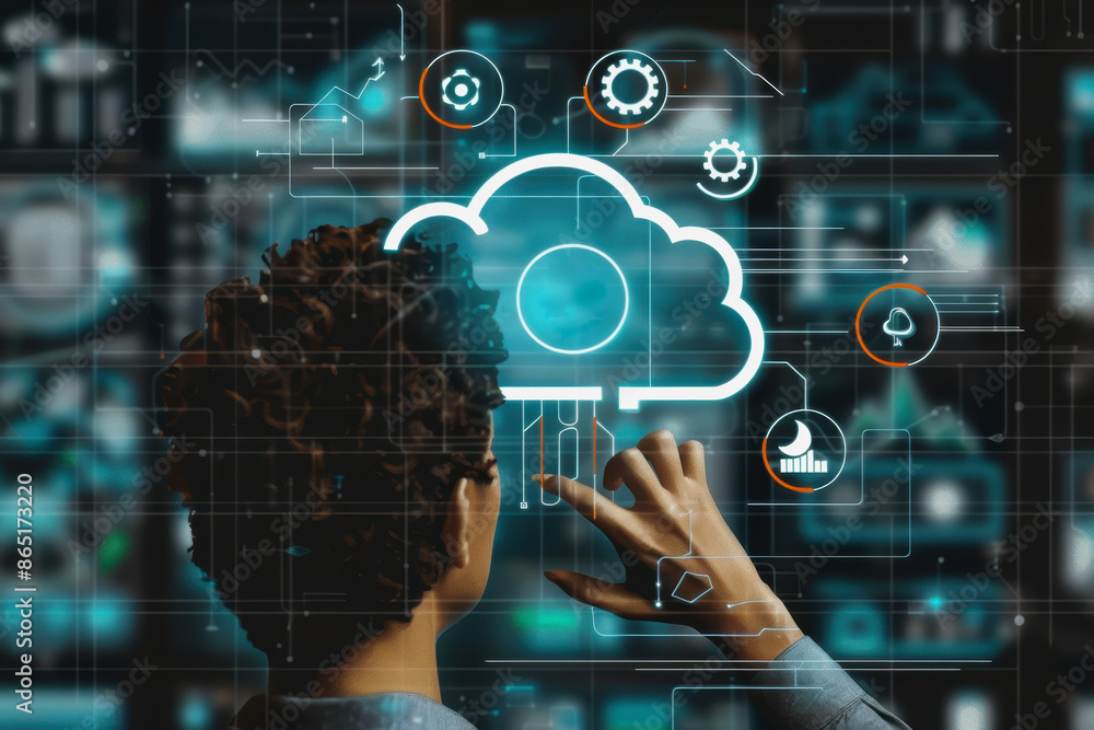 Poster a person interacting with a digital cloud interface, symbol icon computing and technology.