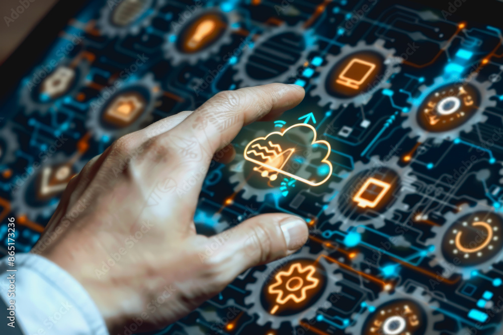 Poster a person interacting with a digital cloud interface, symbol icon computing and technology.