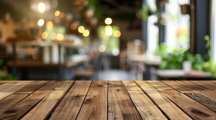 Empty wooden table with blurred background of cafe and restaurant.